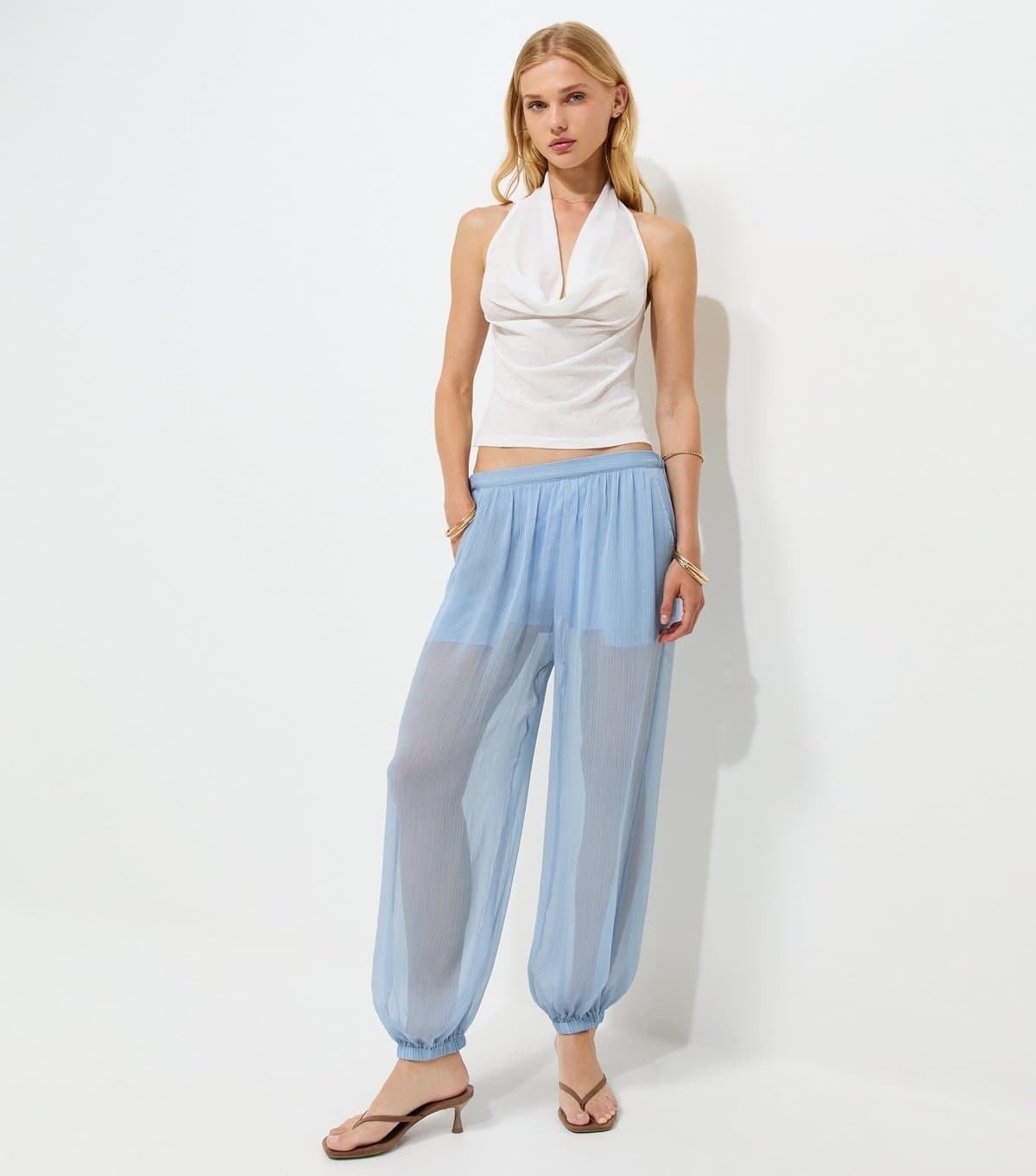 New Look Women's Light Blue Sheer Chiffon Cuffed Trousers New Look