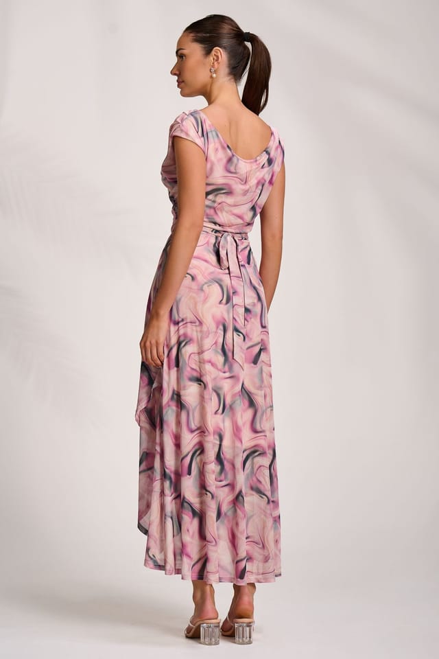 Jolie Moi Jolie Moi Women's Asymmetric Draped Mesh Maxi Dress in Pink - 2