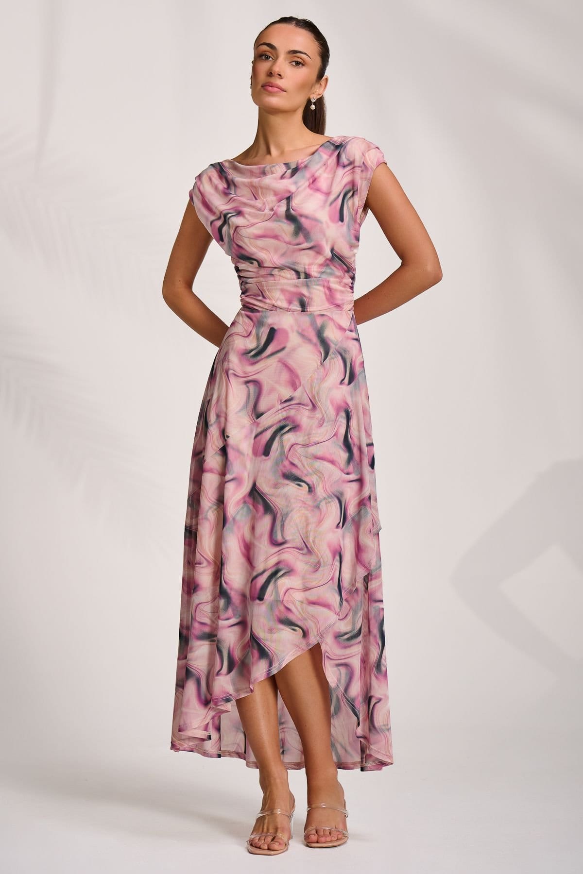 Jolie Moi Jolie Moi Women's Asymmetric Draped Mesh Maxi Dress in Pink - 4