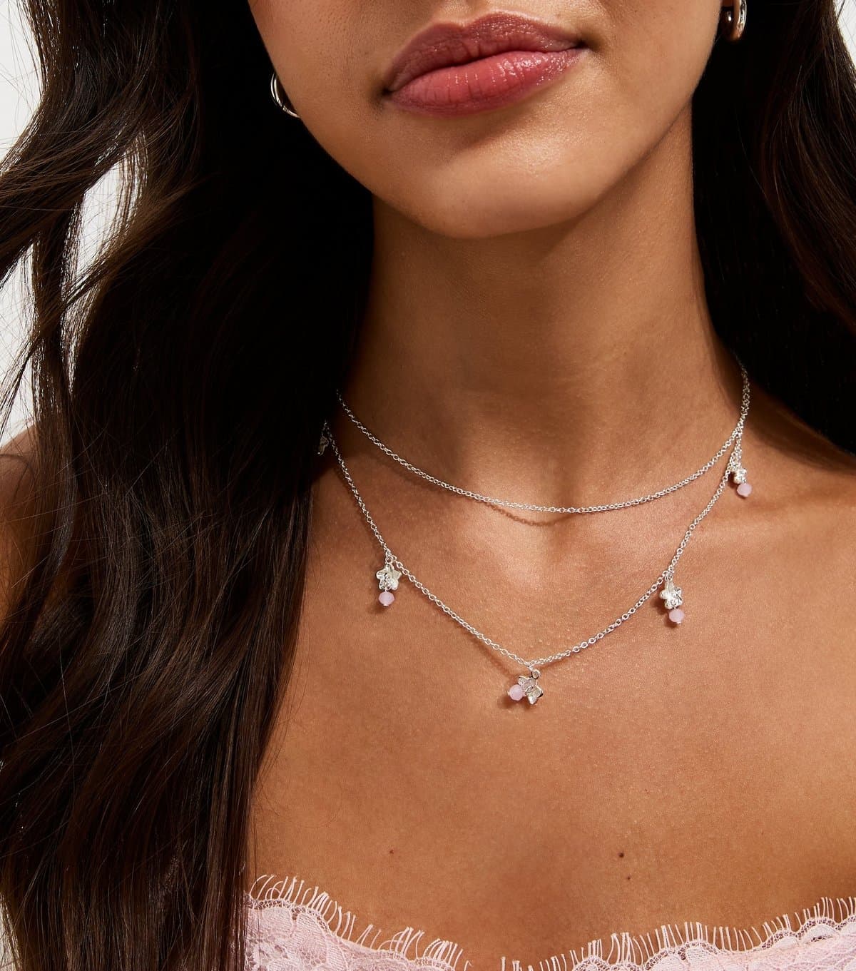 New Look Silver Tone 2 Layer Flower Charm Necklace New Look