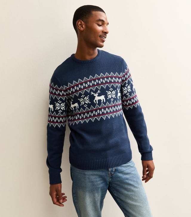 New Look Men's Blue Reindeer Pattern Christmas Jumper New Look - 2