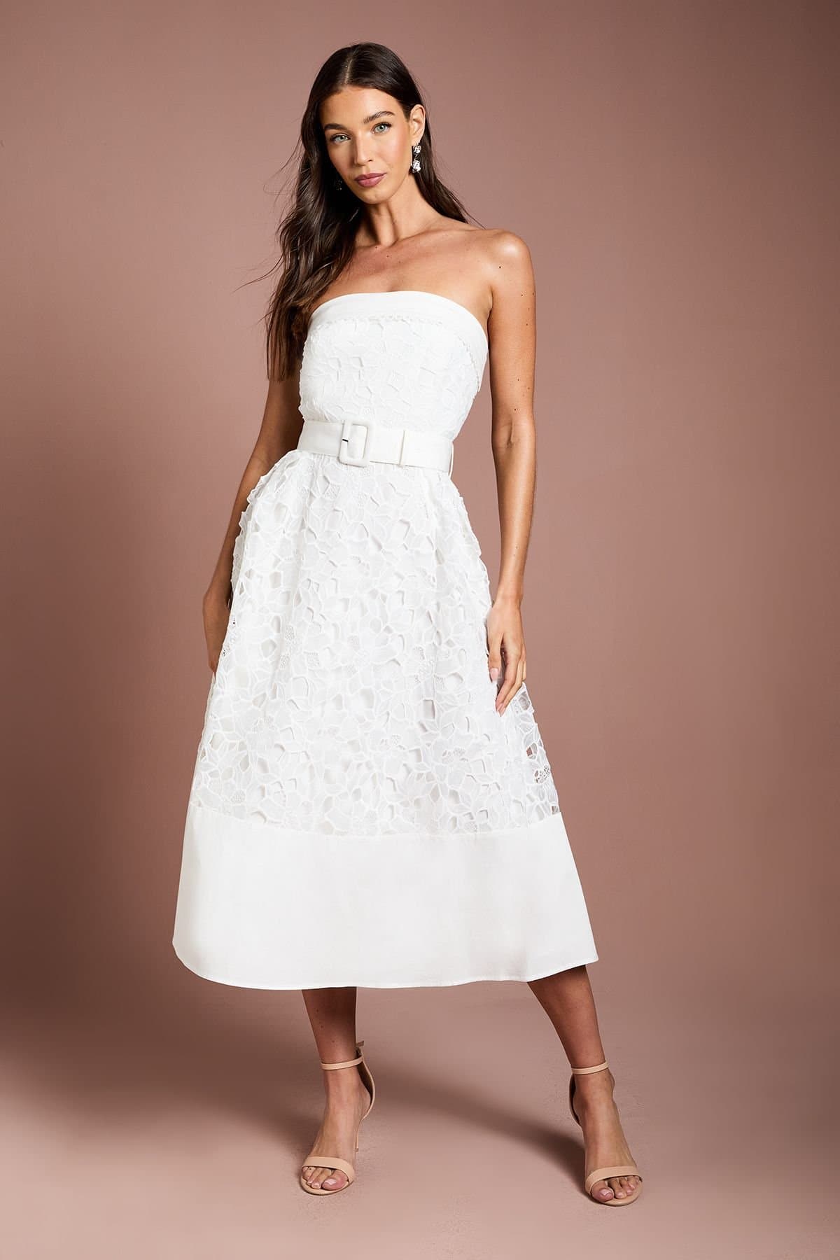 Coast Coast Women's Bandeau Belted Lace Midi Dress in Ivory