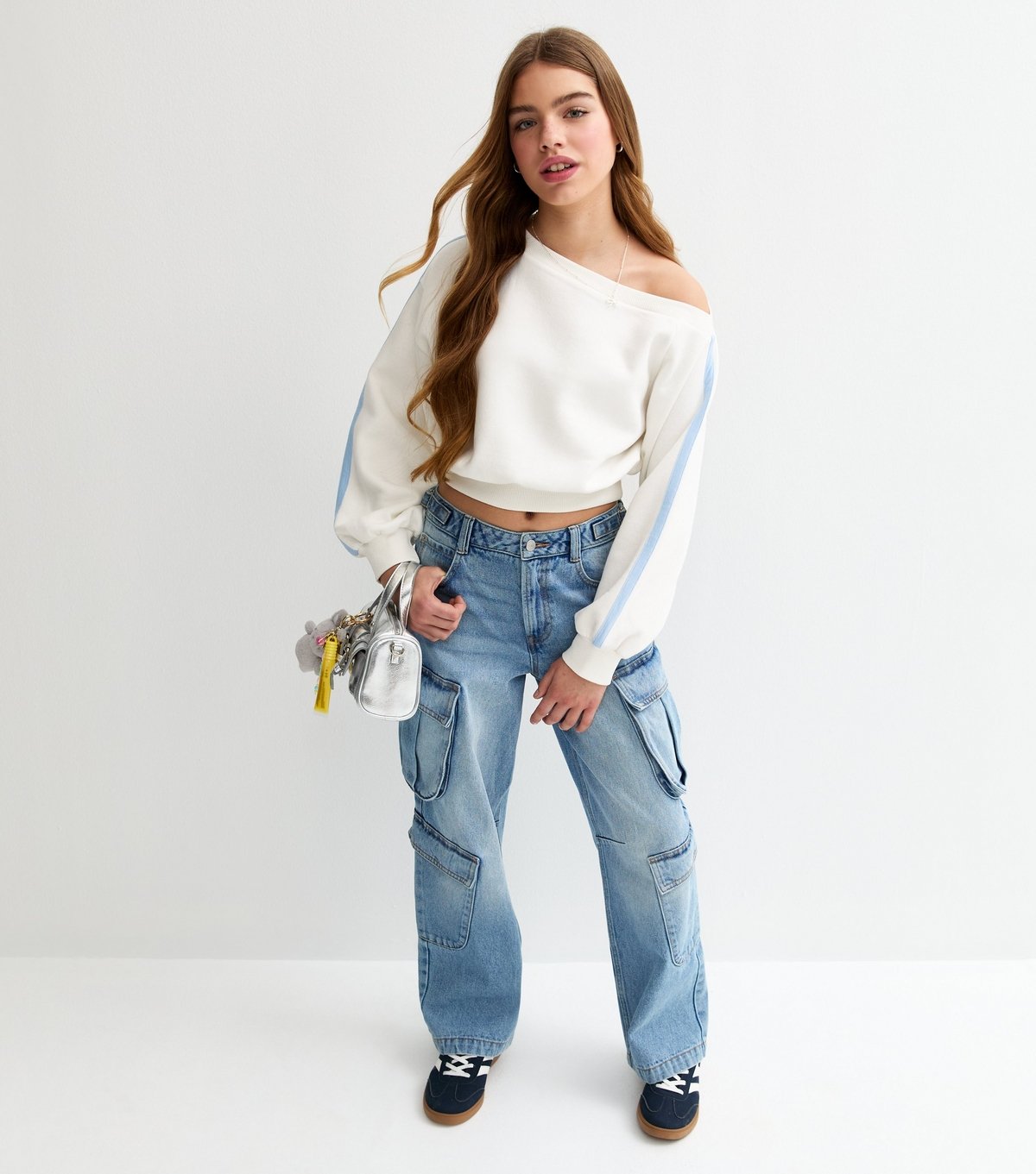 New Look Girls' Off White Off The Shoulder Side Stripe Sweatshirt New Look - 3