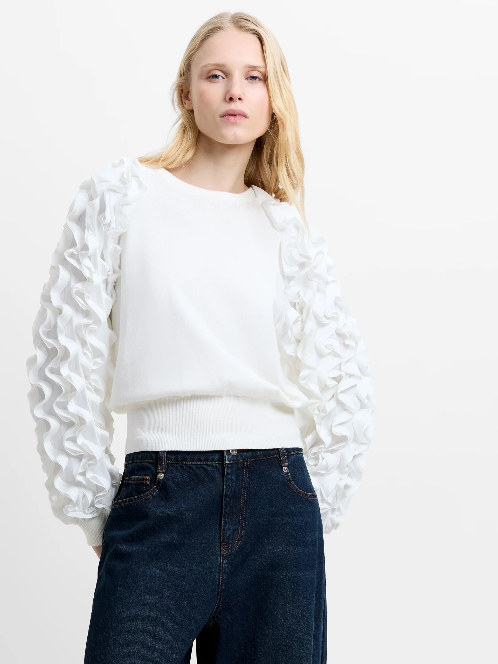 French Connection Krista Mix Ruffled Sleeve Jumper Linen White