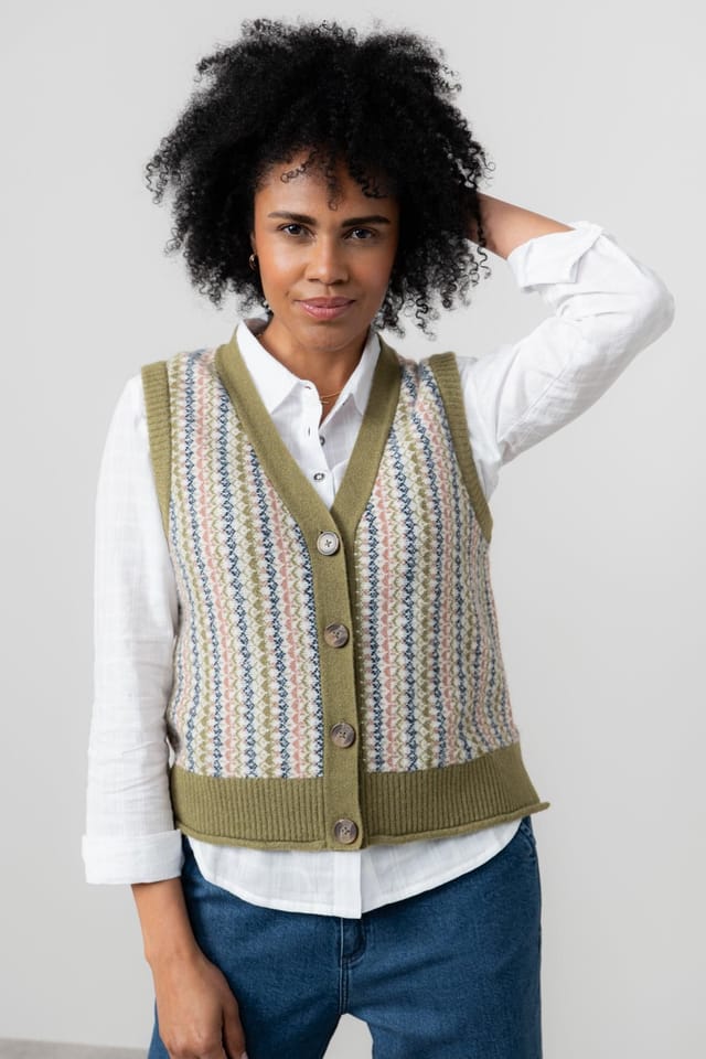 Lily & Me Lily & Me Women's Gywneth Sleeveless Boxy Fit Fair Isle Cardigan with Mock horn buttons in Green - 2