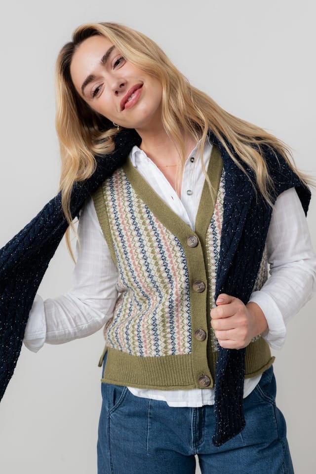 Lily & Me Lily & Me Women's Gywneth Sleeveless Boxy Fit Fair Isle Cardigan with Mock horn buttons in Green - 3