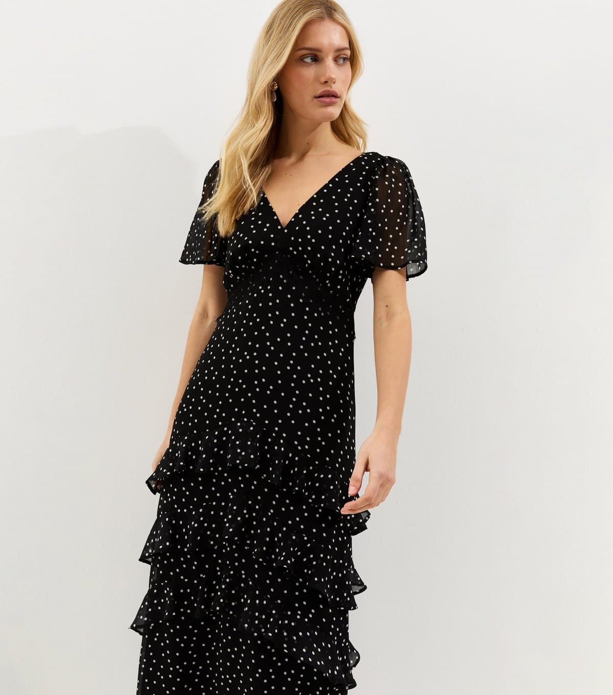 New Look Women's Black Polka Dot Chiffon Tiered Maxi Dress New Look