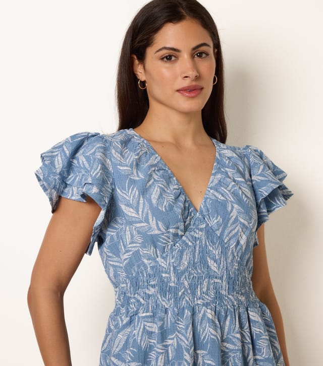 Blue Vanilla Women's Blue Leaf Print Flutter Sleeve Midi Dress Blue Vanilla New Look - 3