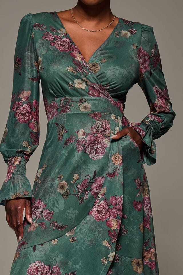 Jolie Moi Jolie Moi Women's Long Sleeve Frill Hem Mesh Maxi Dress in Green - 3