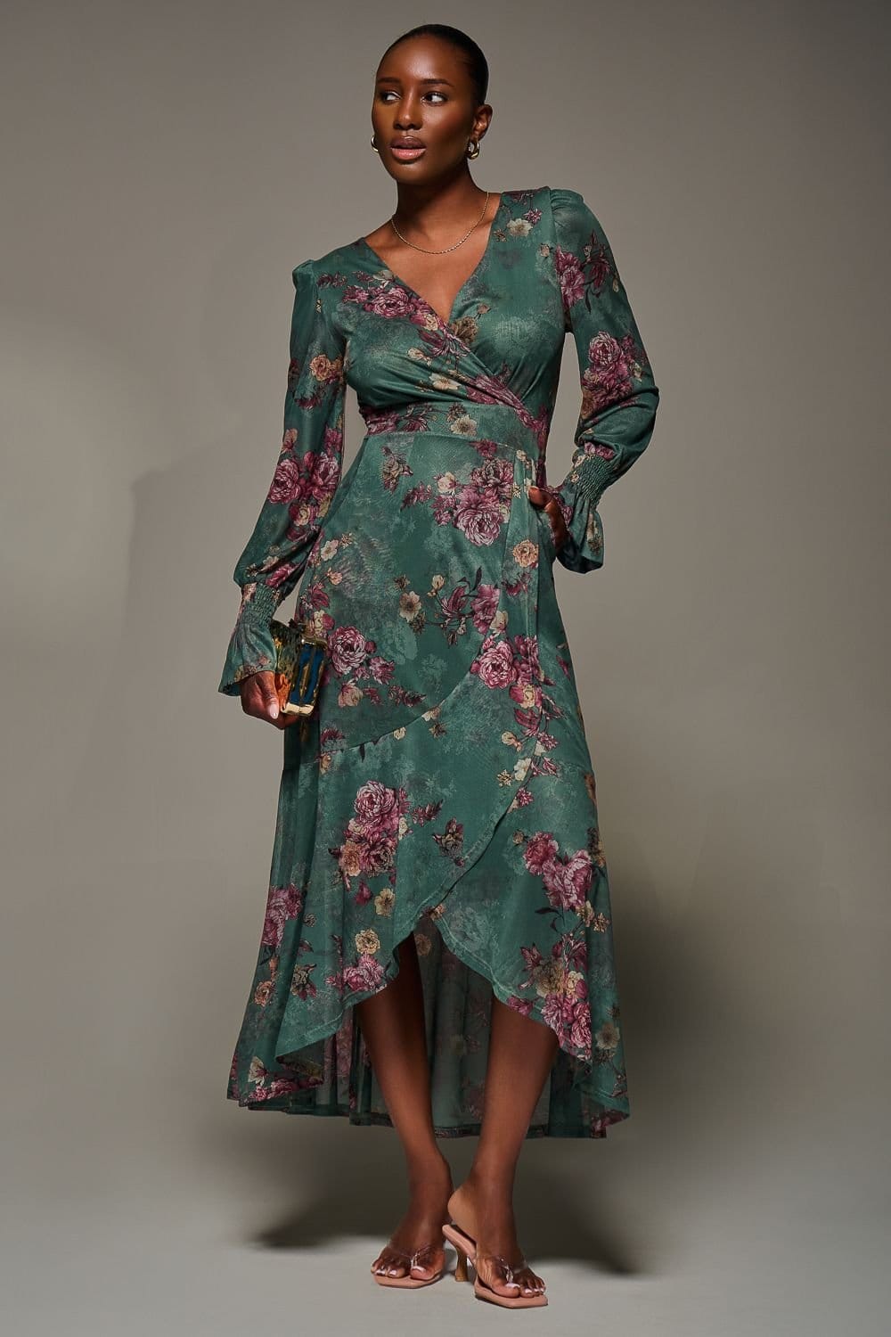 Jolie Moi Jolie Moi Women's Long Sleeve Frill Hem Mesh Maxi Dress in Green - 4