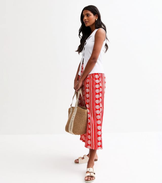 New Look Women's Red Daisy Chain Print Wide Leg Cropped Trousers New Look - 3