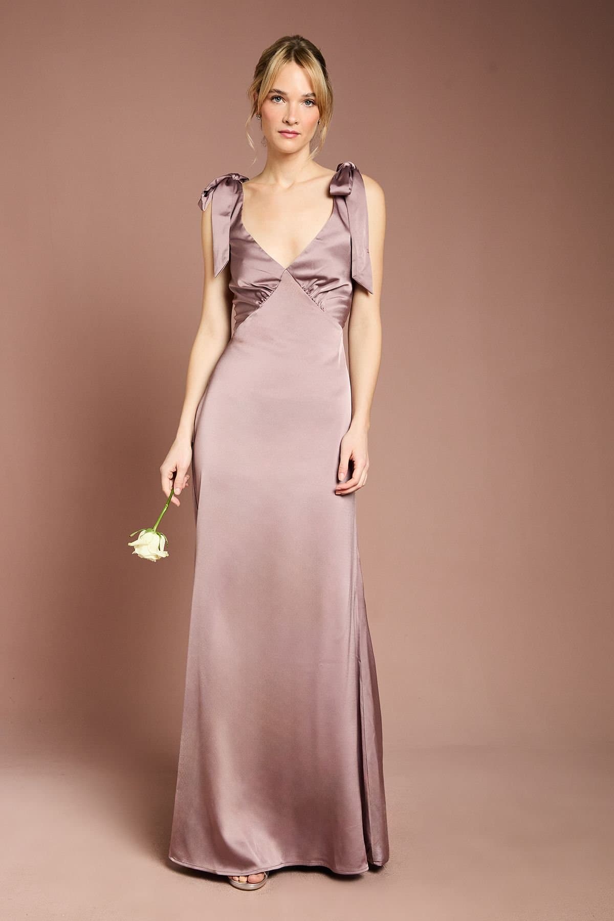 Coast Coast Women's Honoured Satin Back Crepe V Neck Tie Shoulder Maxi Bridesmaid Dress in Dusty Mauve