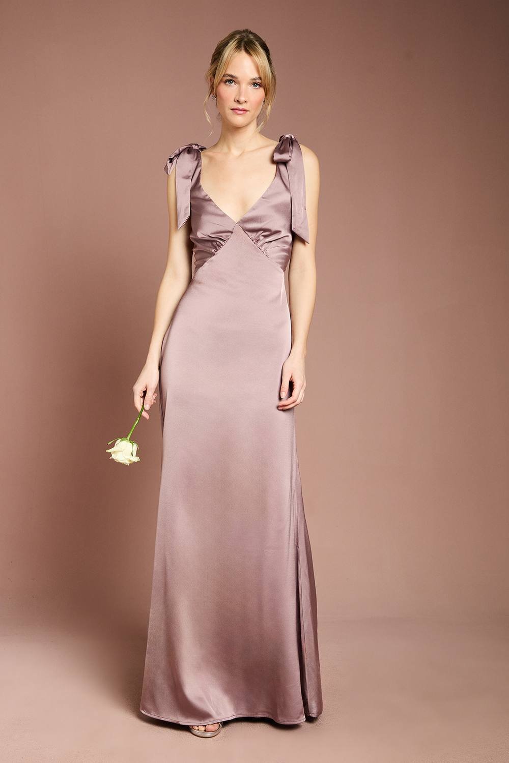 Coast Coast Women's Honoured Satin Back Crepe V Neck Tie Shoulder Maxi Bridesmaid Dress in Dusty Mauve - 2