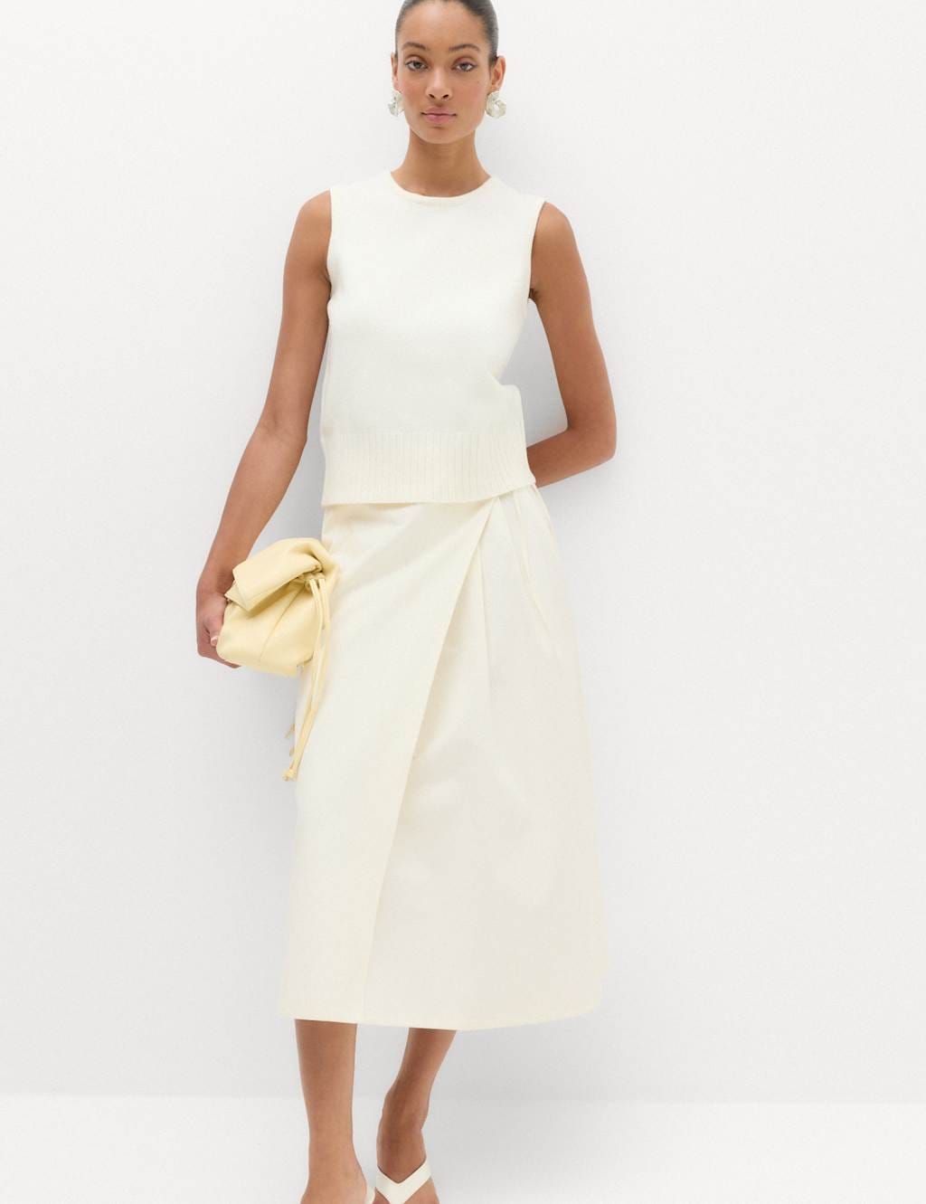 M&S Ivory Pure Cotton Wrap Tie Side Midi Skirt