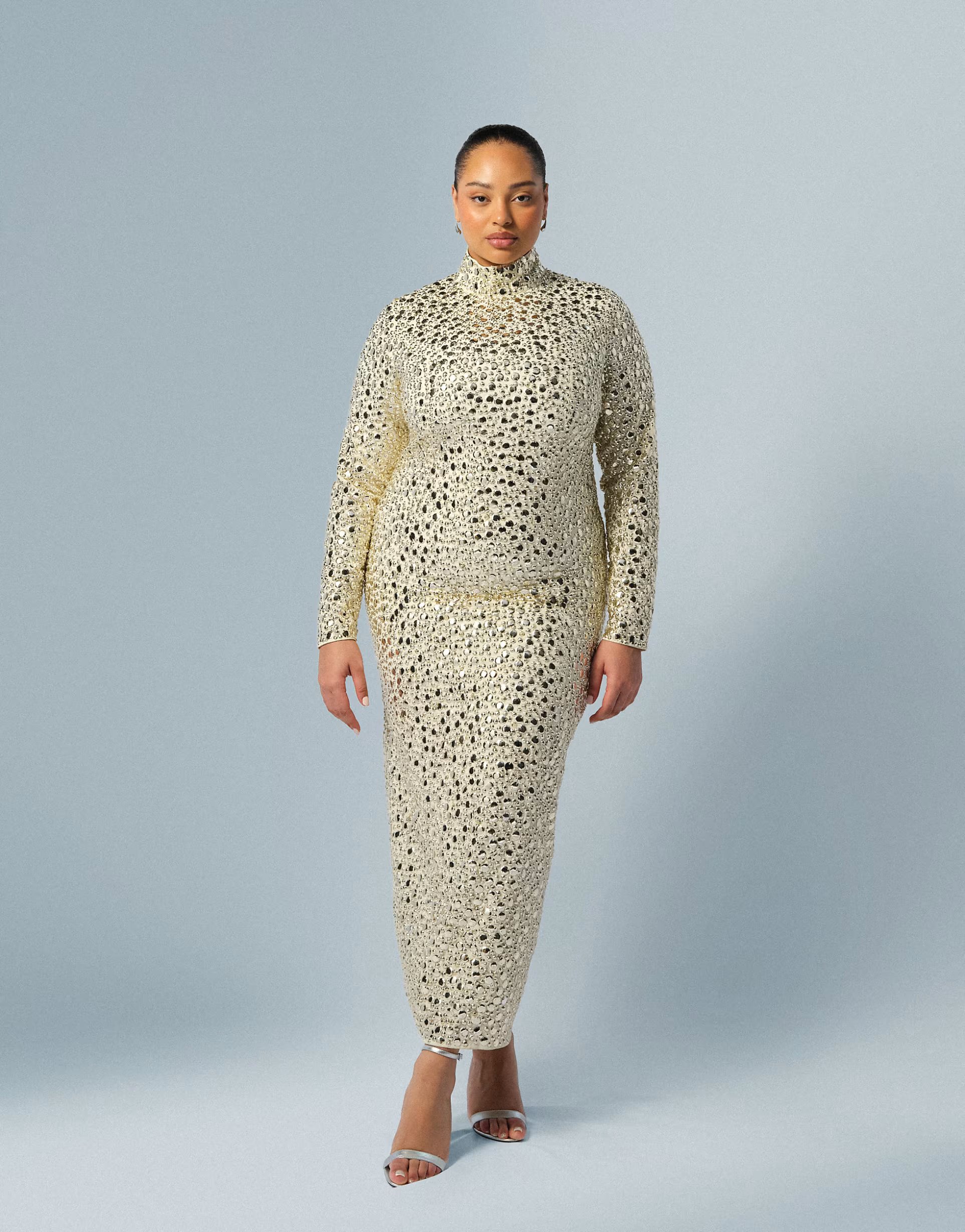 ASOS ARRANGE Curve textural sequin high neck long sleeve maxi dress in buttermilk - 1