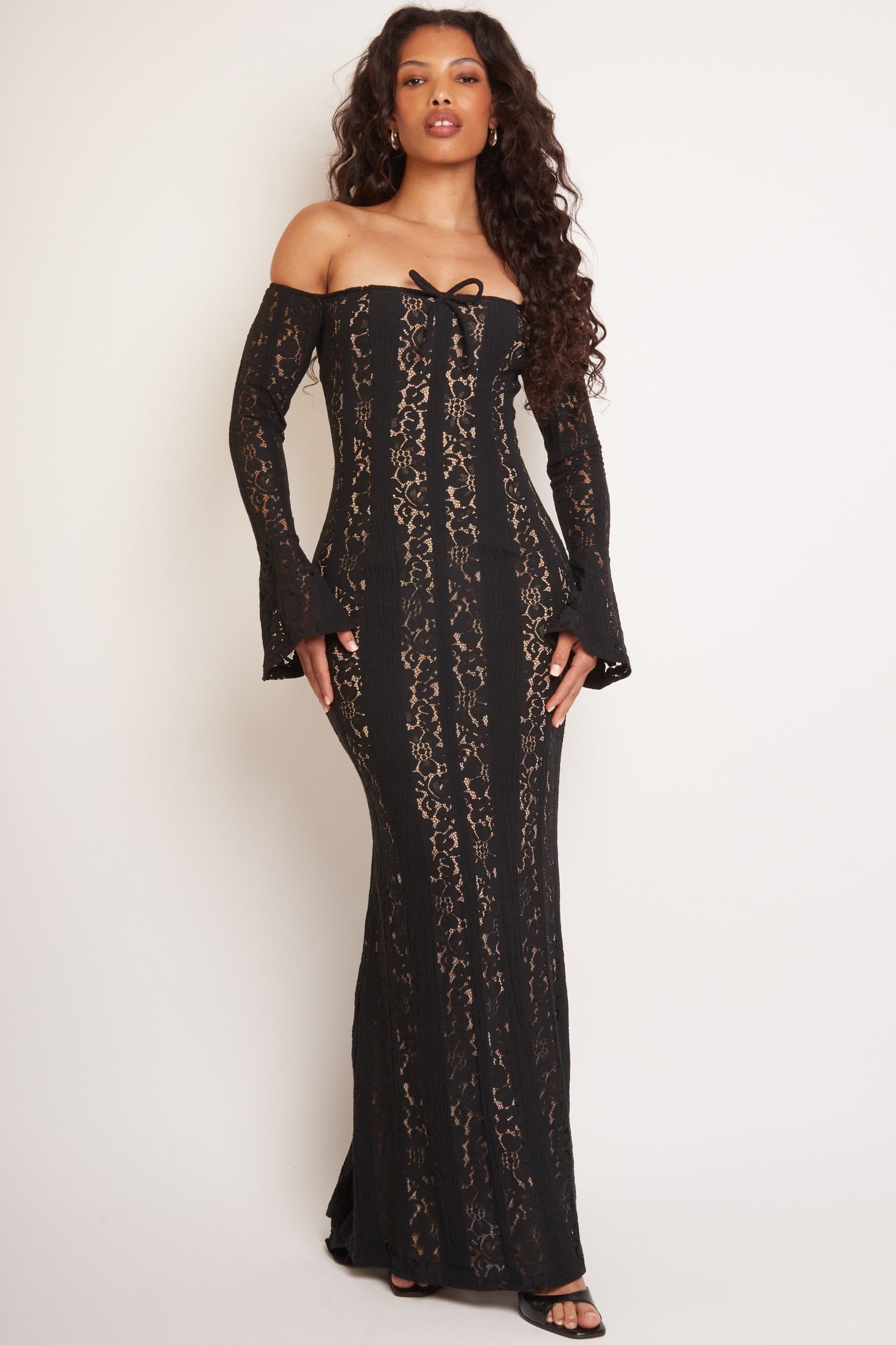 Jaded Rose Jaded Rose Women's Bretty Black Lace Off-Shoulder Floral Maxi Dress