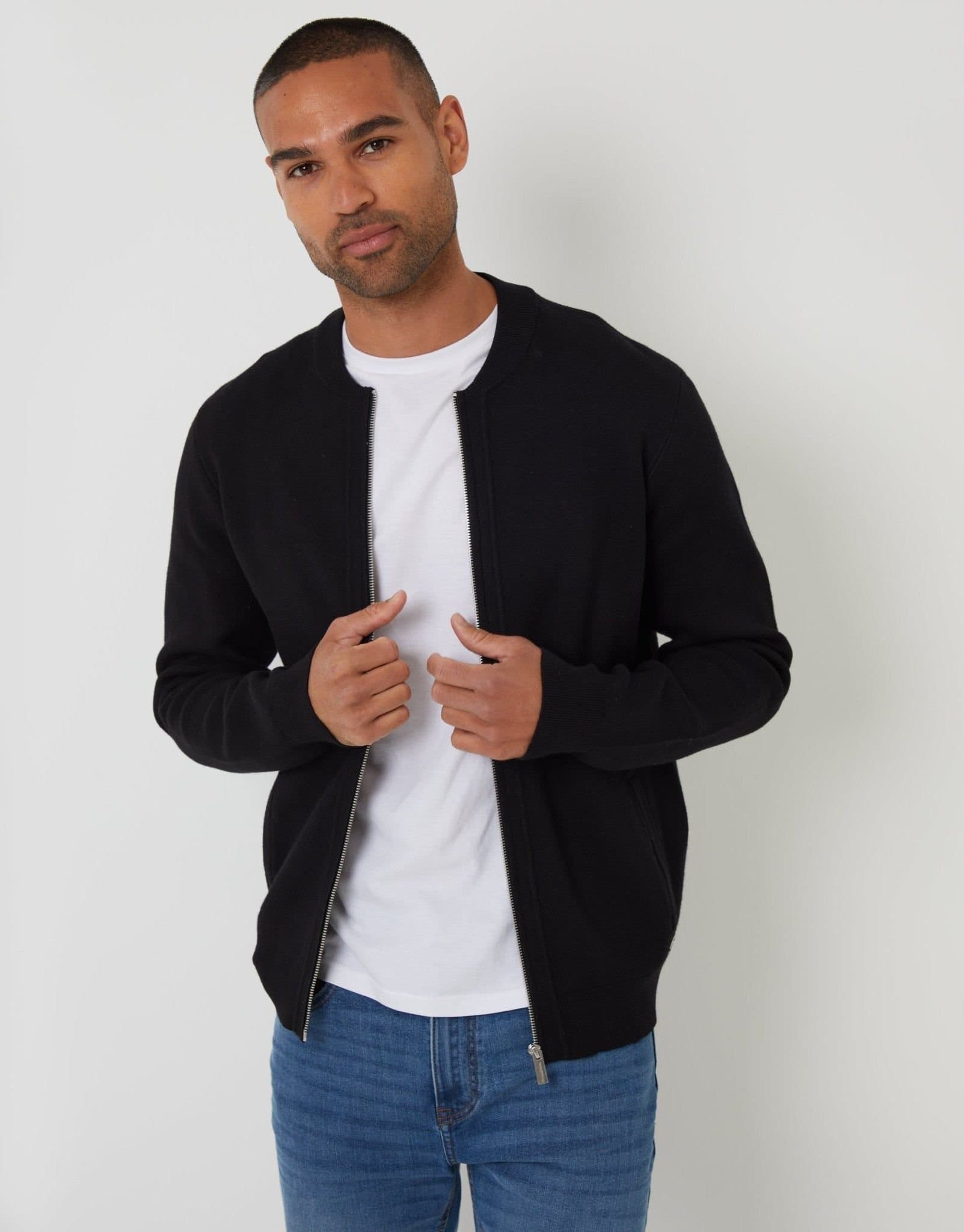 Threadbare threadbare Men's Bomber-Style Knitted Zip Through Cardigan in Black