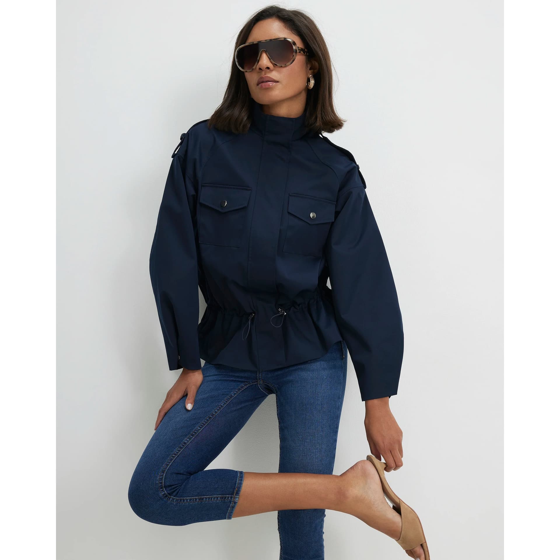 River Island River Island Womens Navy Funnel Neck Tie Waist Bomber Jacket