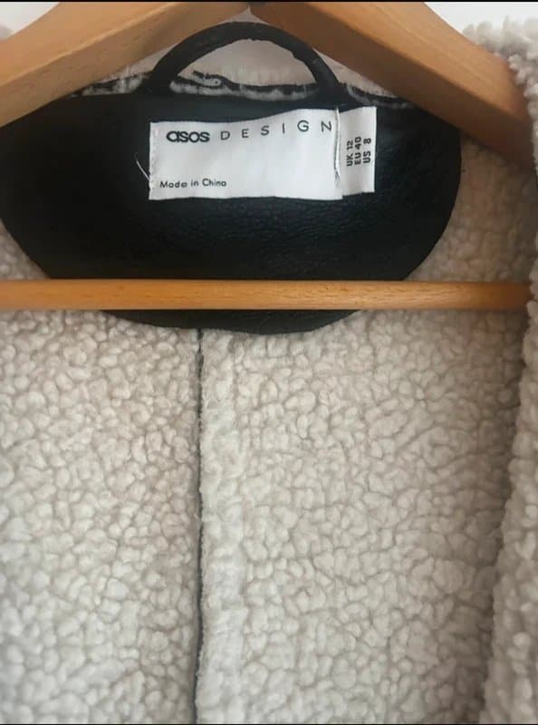 ASOS Black faux leather Sherling coat with belt size 12