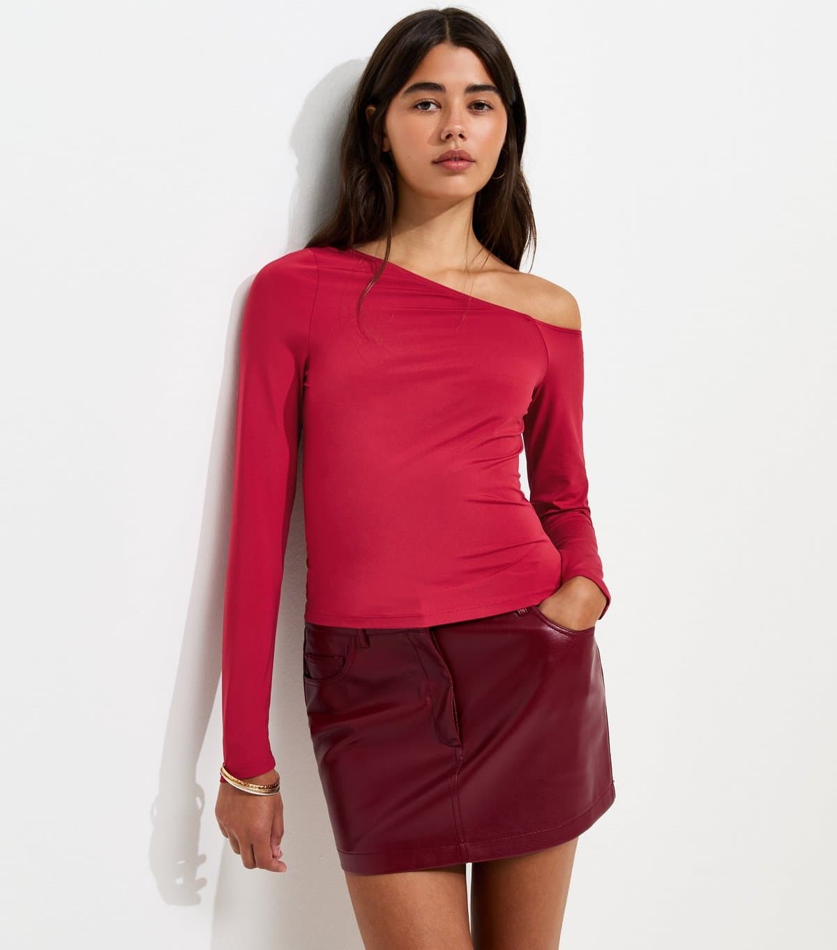 New Look New Look Dark Red Jersey Off Shoulder Long Sleeve Top