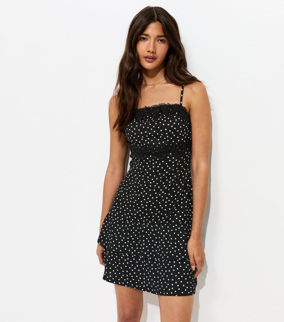 Women's Black Polka Dot Lace Bust Cami Strap Mini Dress New Look