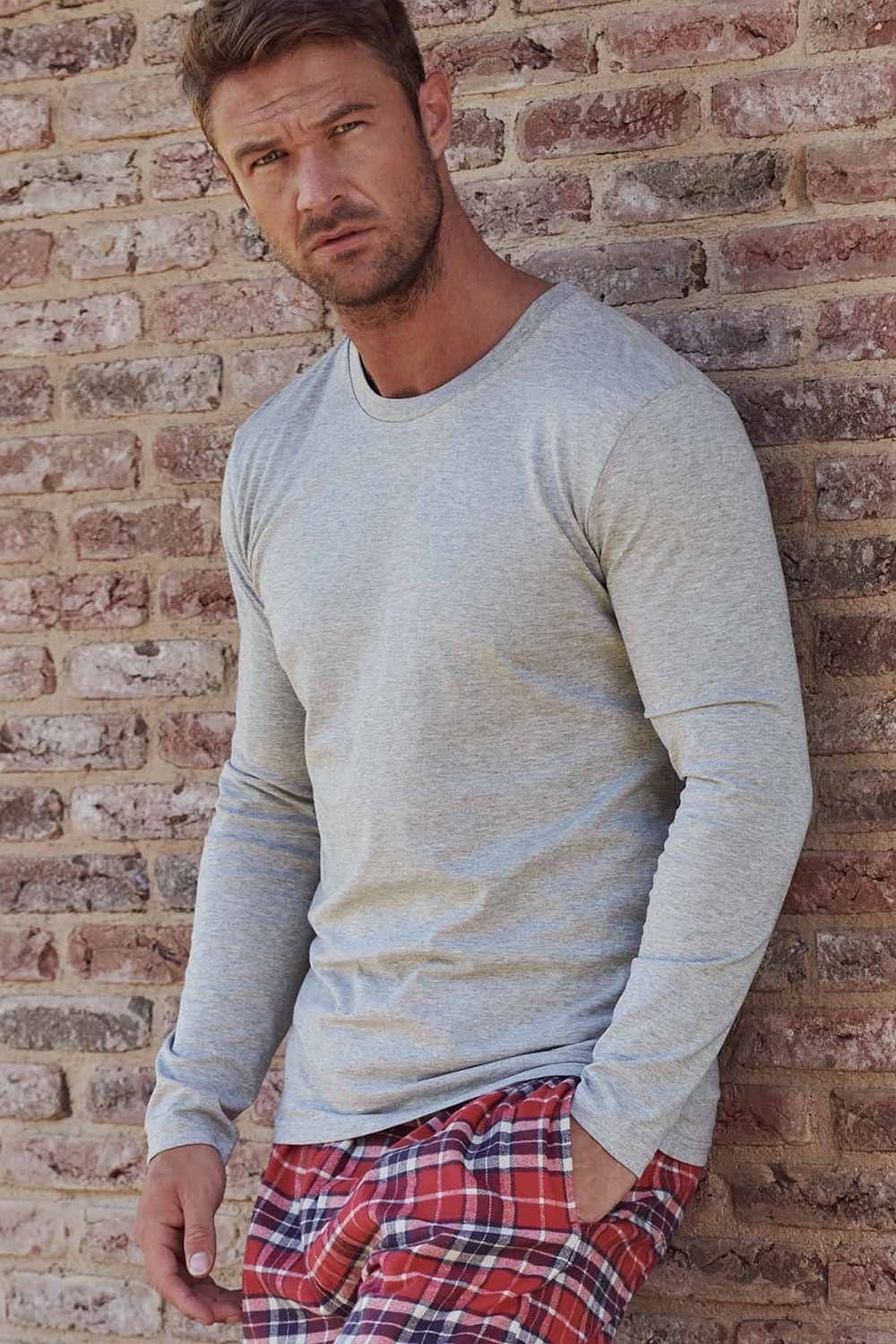 British Boxers British Boxers Men's "Grey Marl" Cotton Jersey Long Sleeve Top in Light Grey
