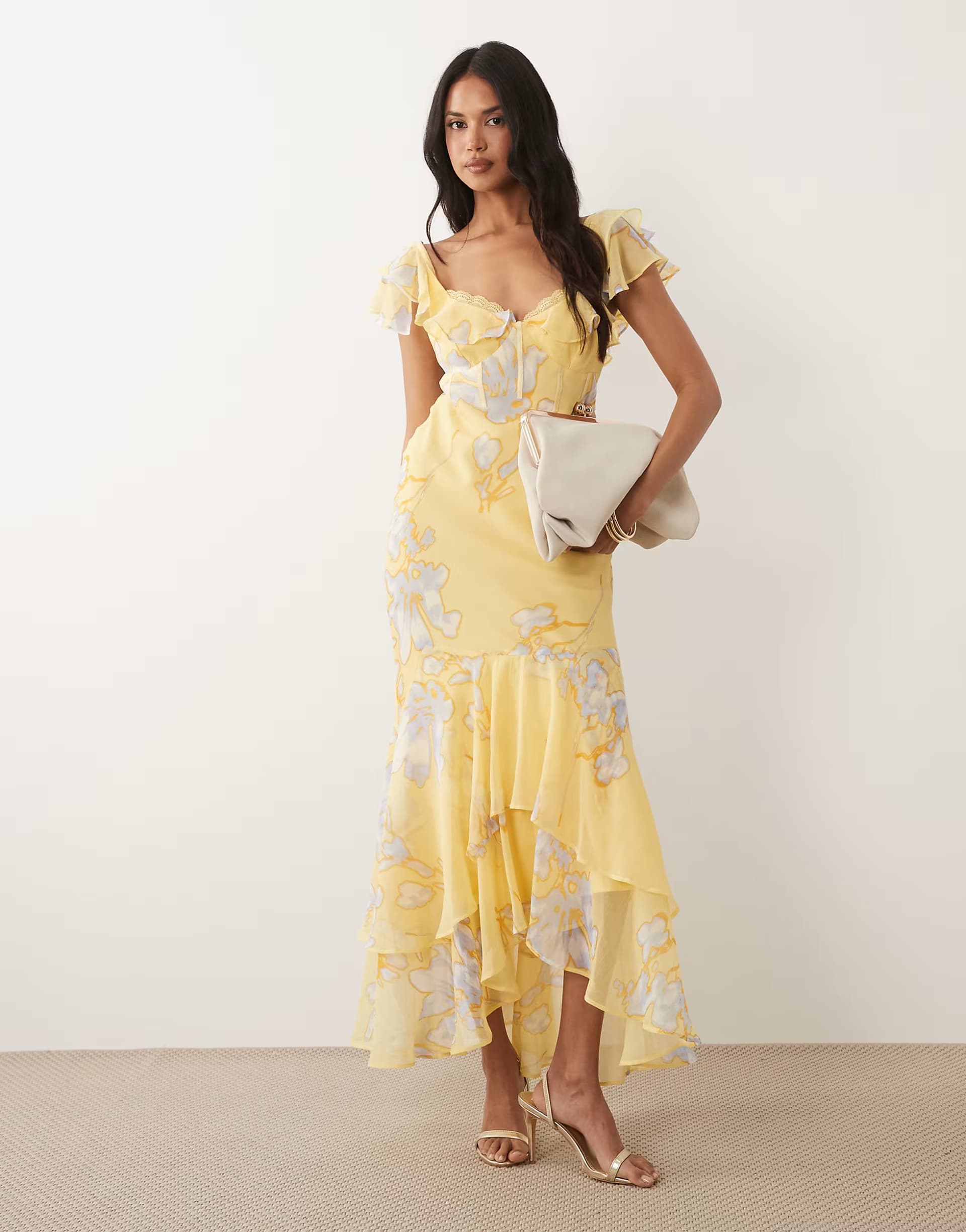 ASOS ASOS DESIGN frill sleeve maxi dress with fishtail hem in yellow floral print