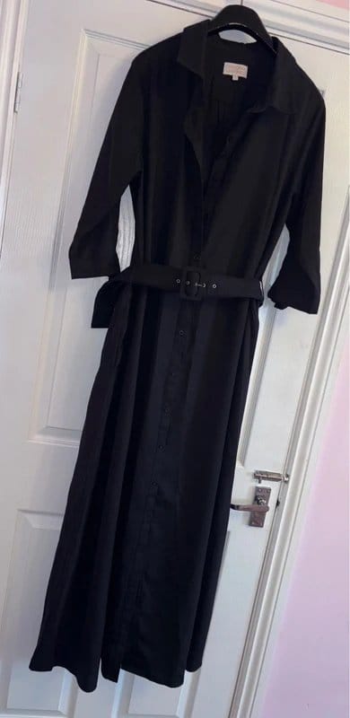 Dancing Leopard Black Satin Plunge Shirt Dress