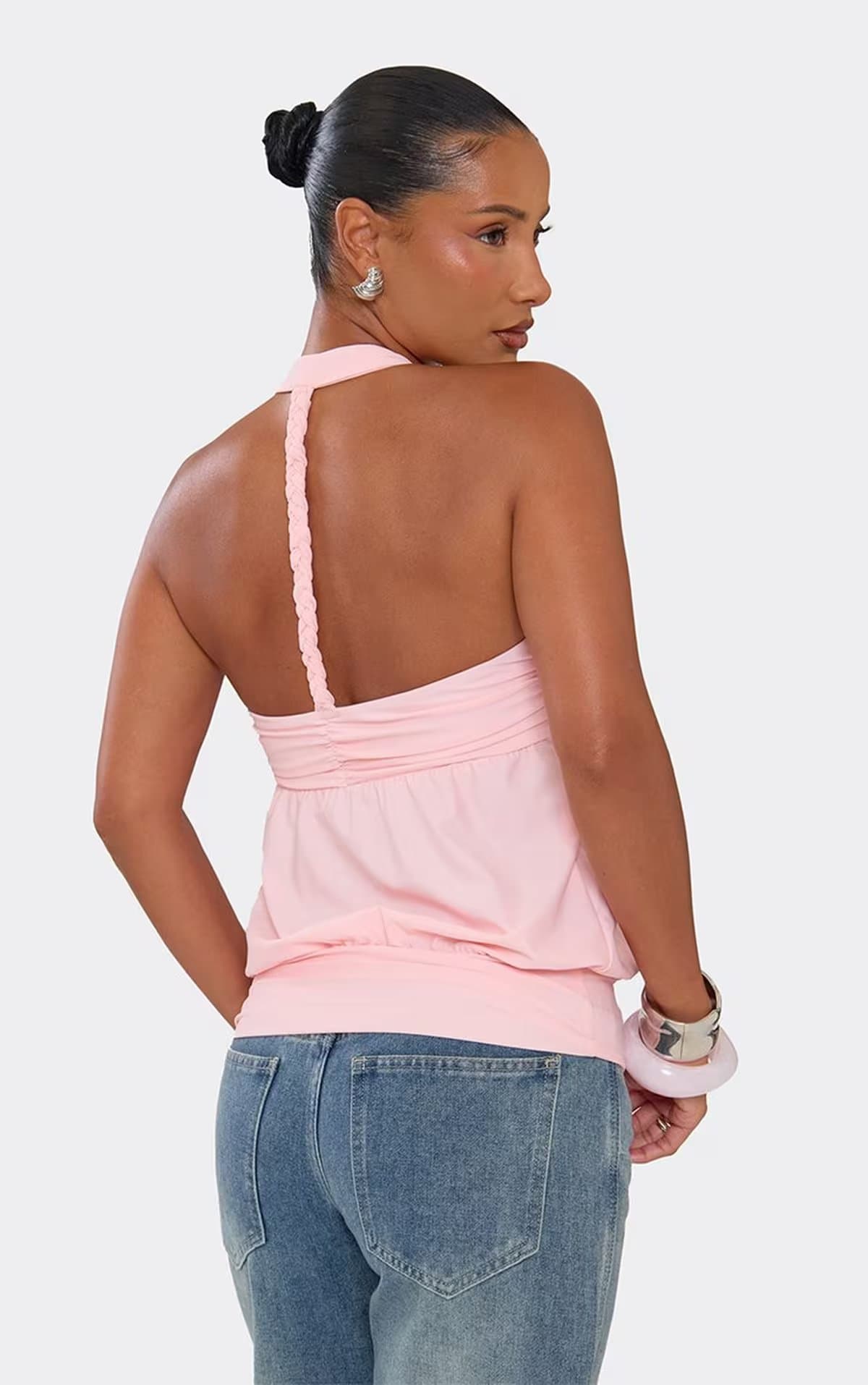 EGO Halterneck Open Back Plait Detail Top In Pink, Women's Size UK 6