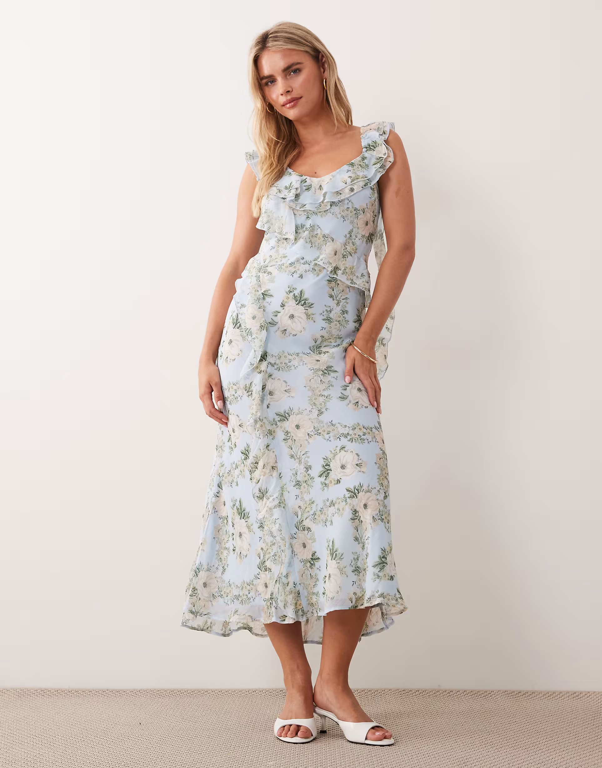 ASOS New Look Petite floral chiffon ruffle midi dress in blue - 1