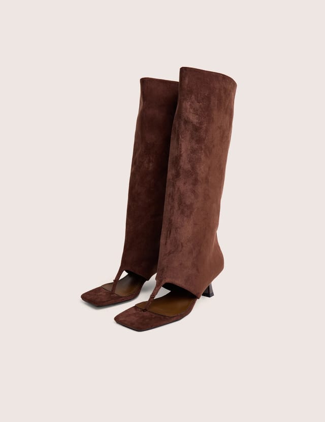 Public Desire Margot Chocolate Peep Toe Knee High Boots - 2