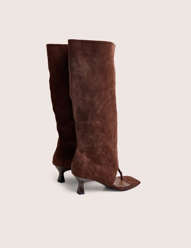 Public Desire Margot Chocolate Peep Toe Knee High Boots - 3