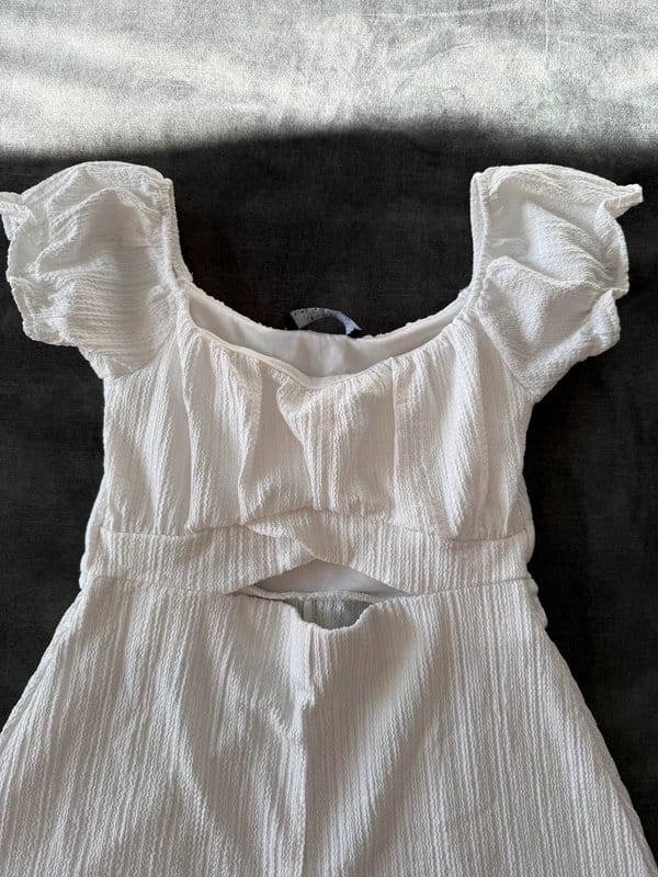 Bershka White Ribbed Off-Shoulder Short Jumpsuit