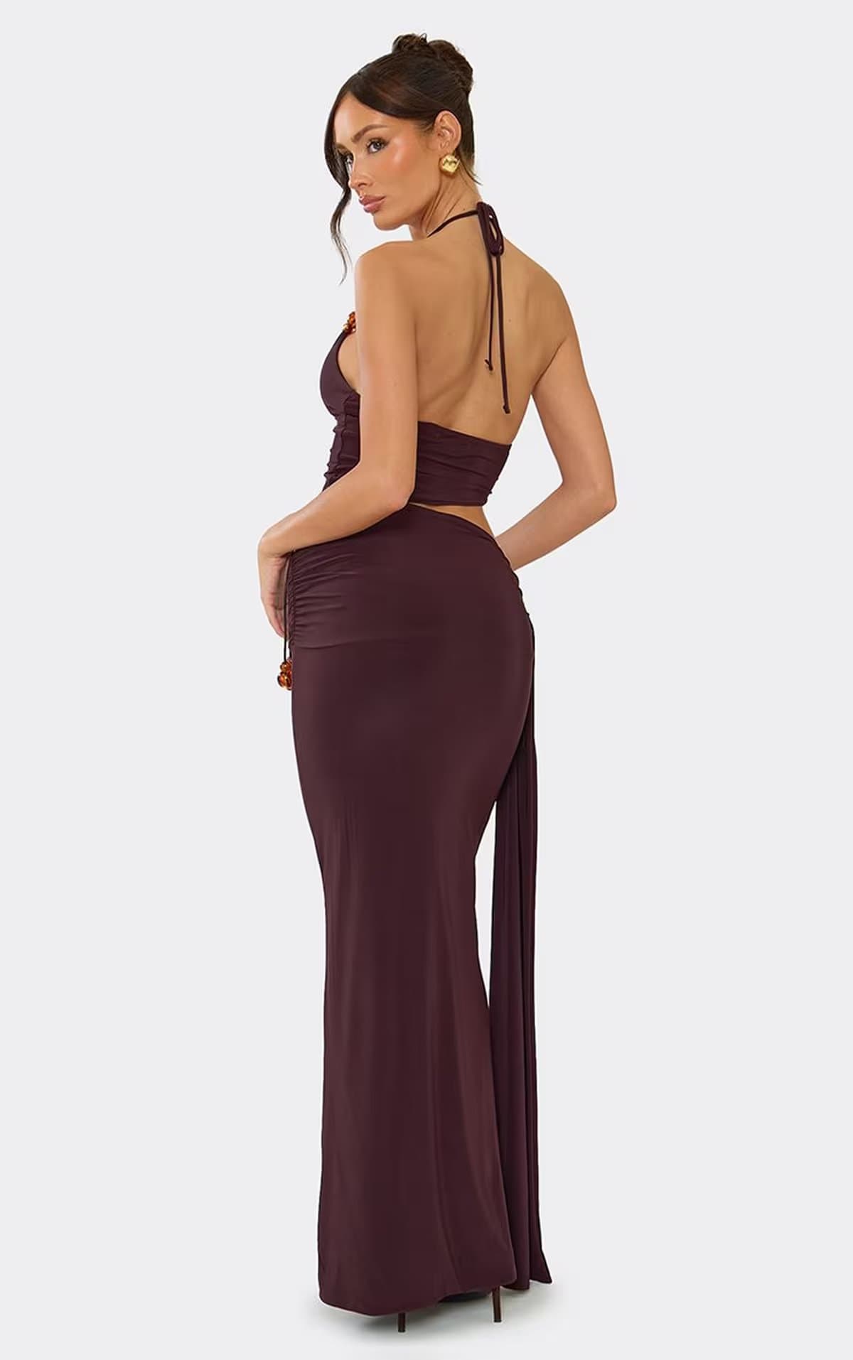 EGO Low Waist Bead Detail Ruched Maxi Skirt In Chocolate Brown Slinky., Women's Size UK 6