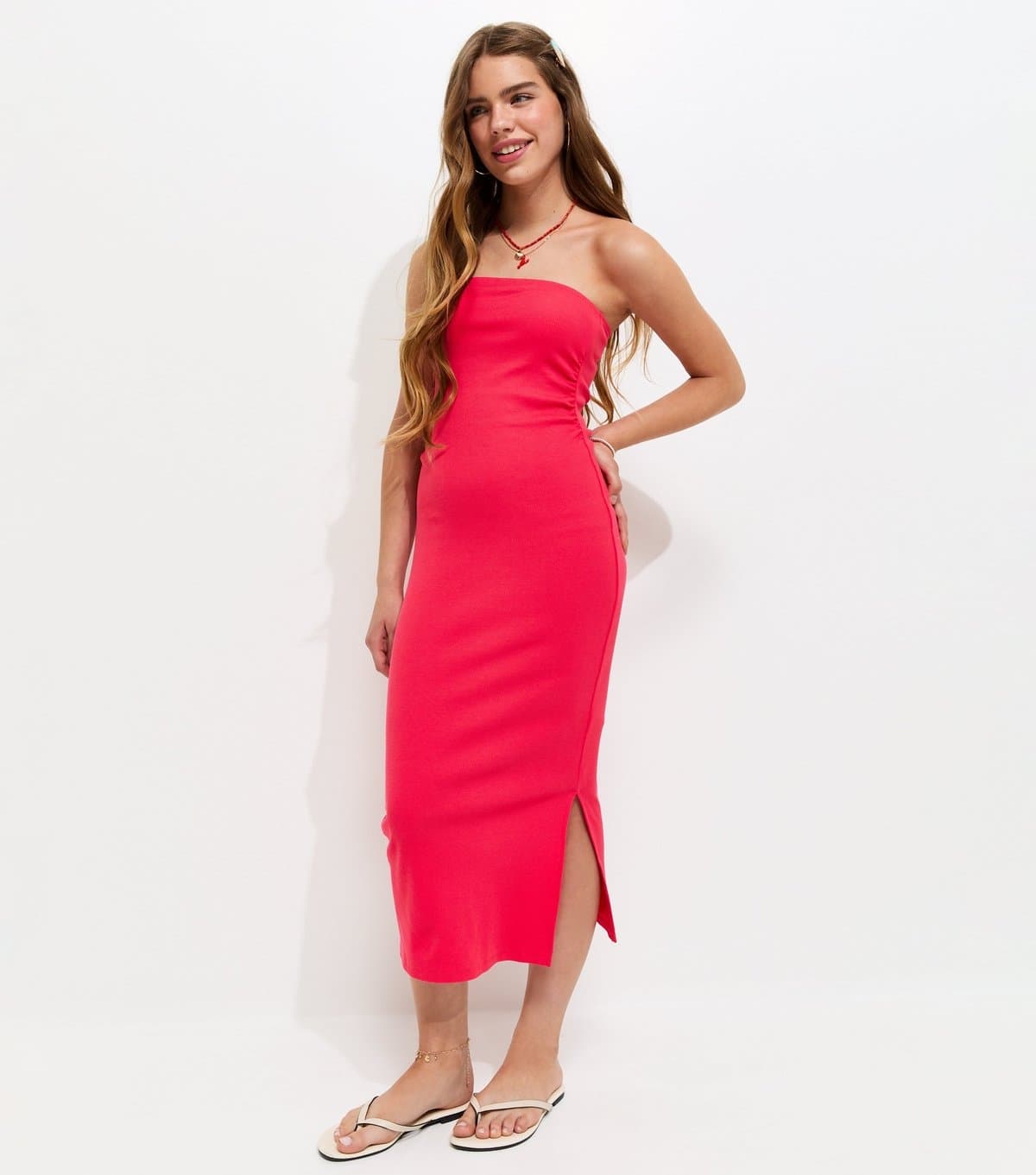 New Look Girls' Light Coral Ribbed Jersey Bandeau Maxi Dress New Look