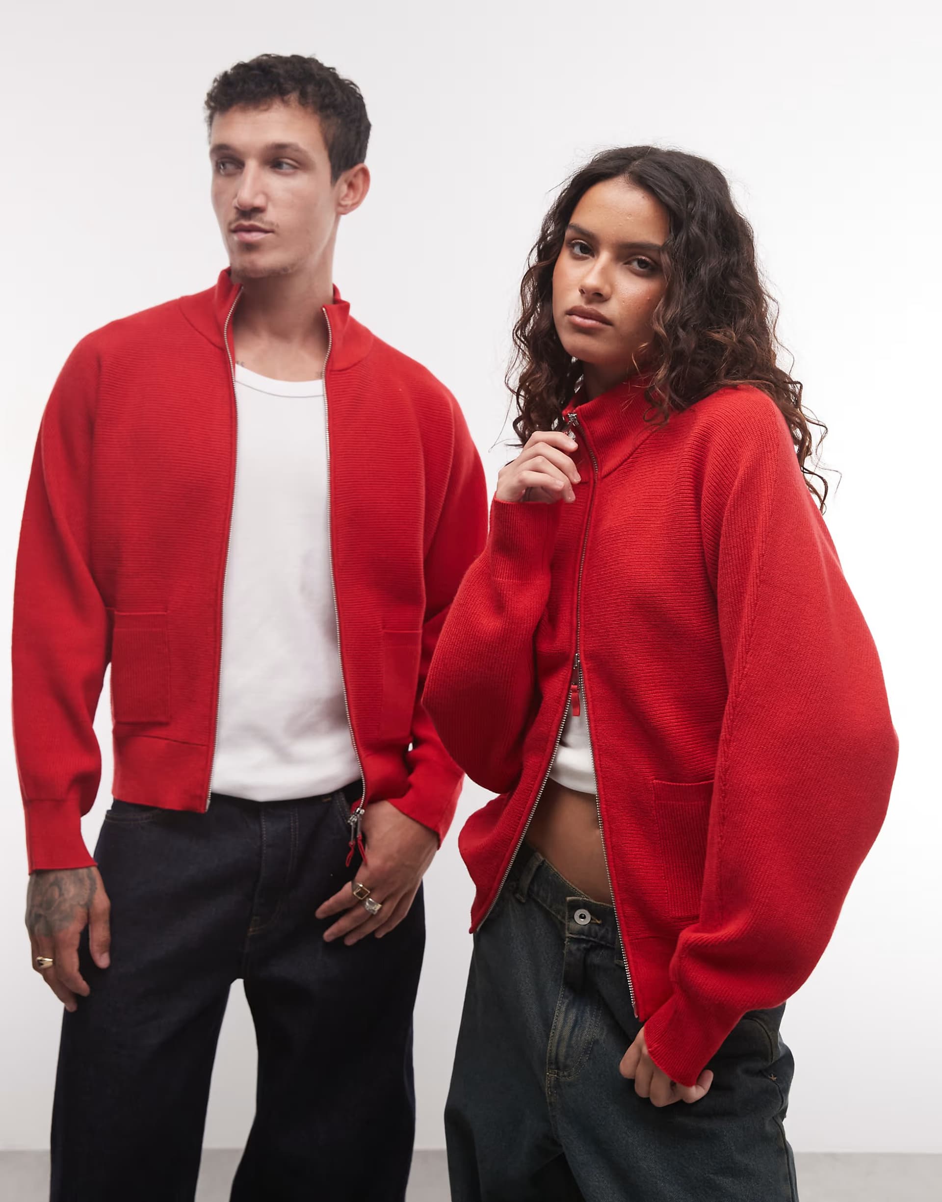 ASOS Reclaimed Vintage unisex fine knit funnel neck zip up cardigan in red
