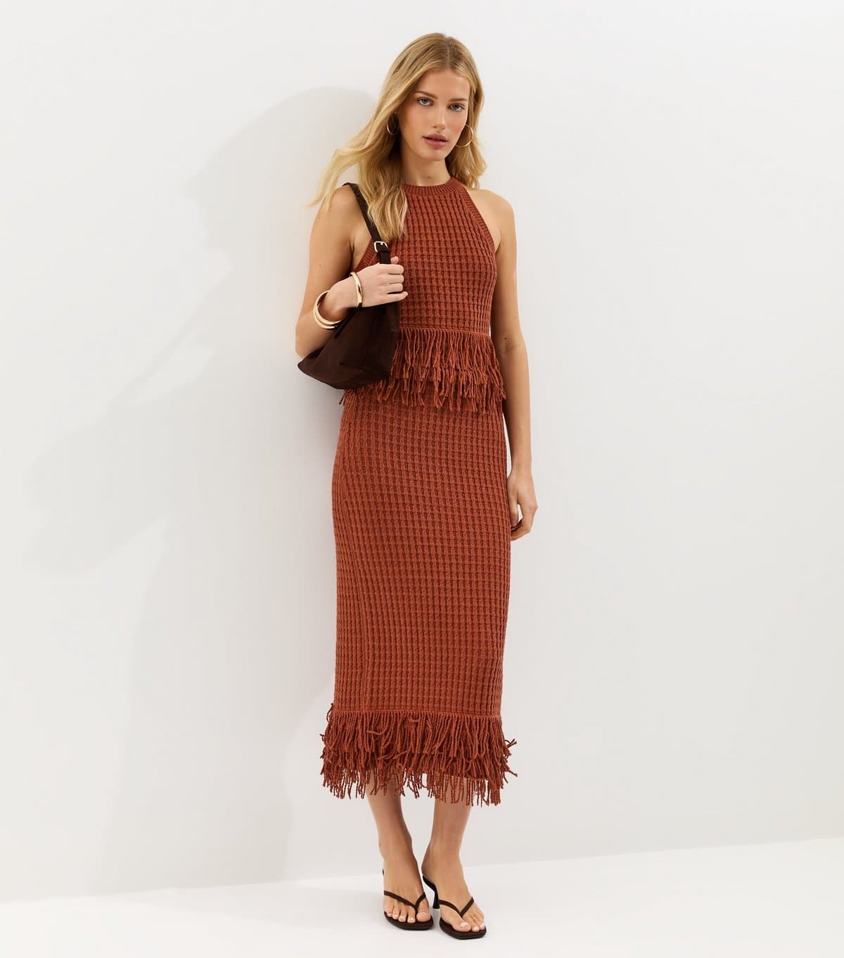 New Look Women's Dark Red Fringe Hem Cotton Rich Midi Skirt New Look