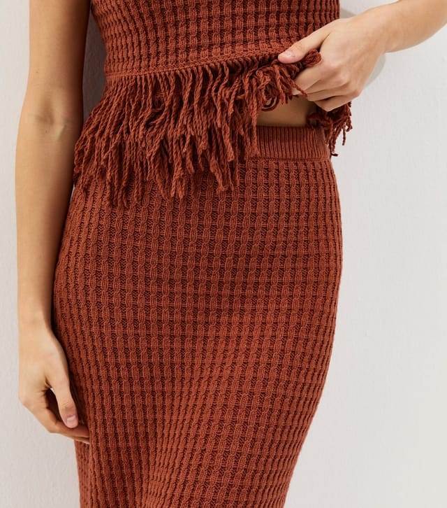 New Look Women's Dark Red Fringe Hem Cotton Rich Midi Skirt New Look - 2