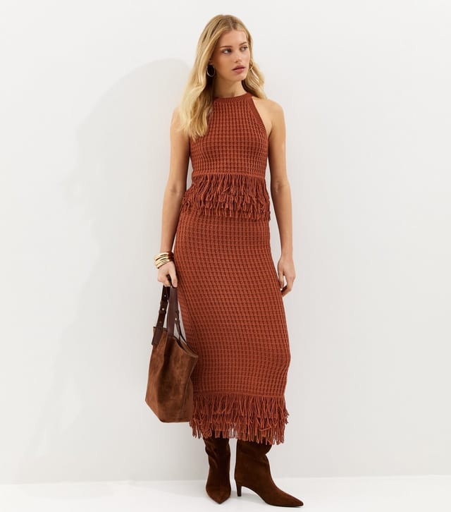 New Look Women's Dark Red Fringe Hem Cotton Rich Midi Skirt New Look - 3