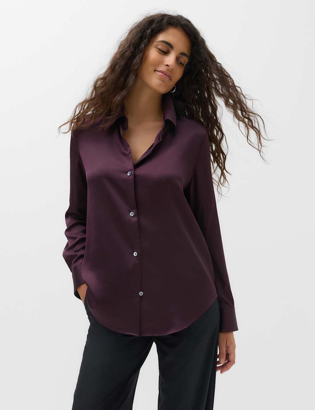 Marks & Spencer M&S Satin Collared Button Through Shirt Dark Aubergine