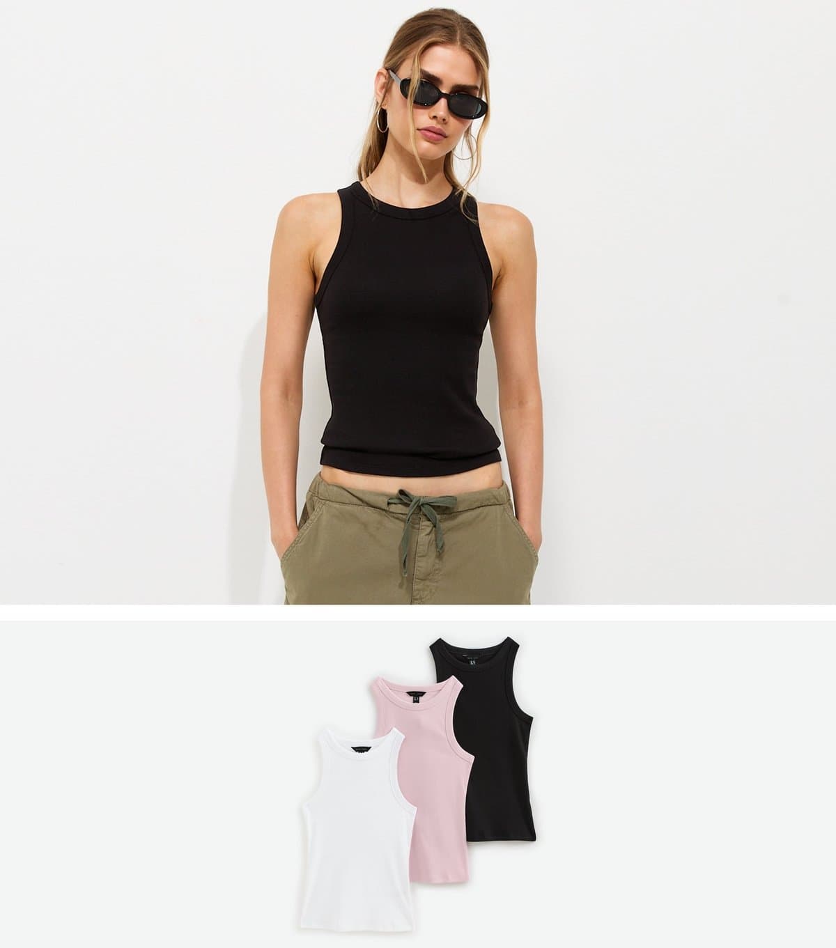 New Look Women's Pack of 3 Black  White and Pink Cotton Rich Racer Vest Tops New Look