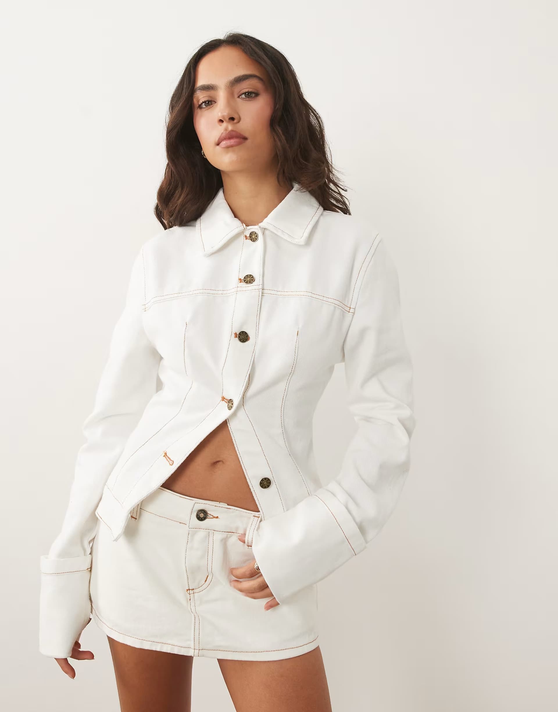 ASOS Lioness The Bronx cotton fitted wide cuff detail cinch back denim jacket and skirt co-ord in white