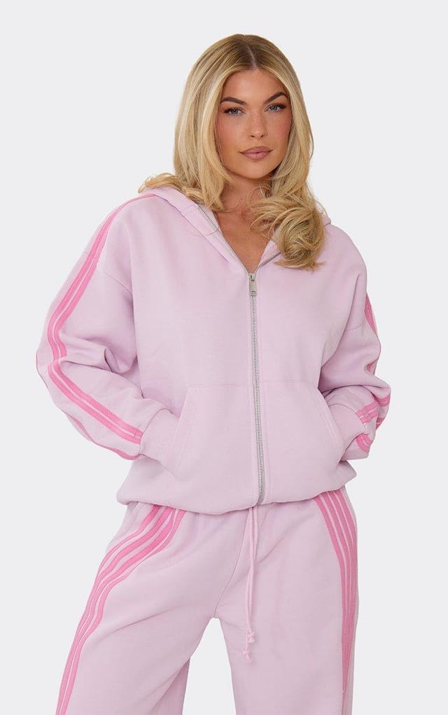 EGO Heavyweight Oversized Contrast Stripe Zip-Up Detail Jacket In Pink, Women's Size UK 6 - 2