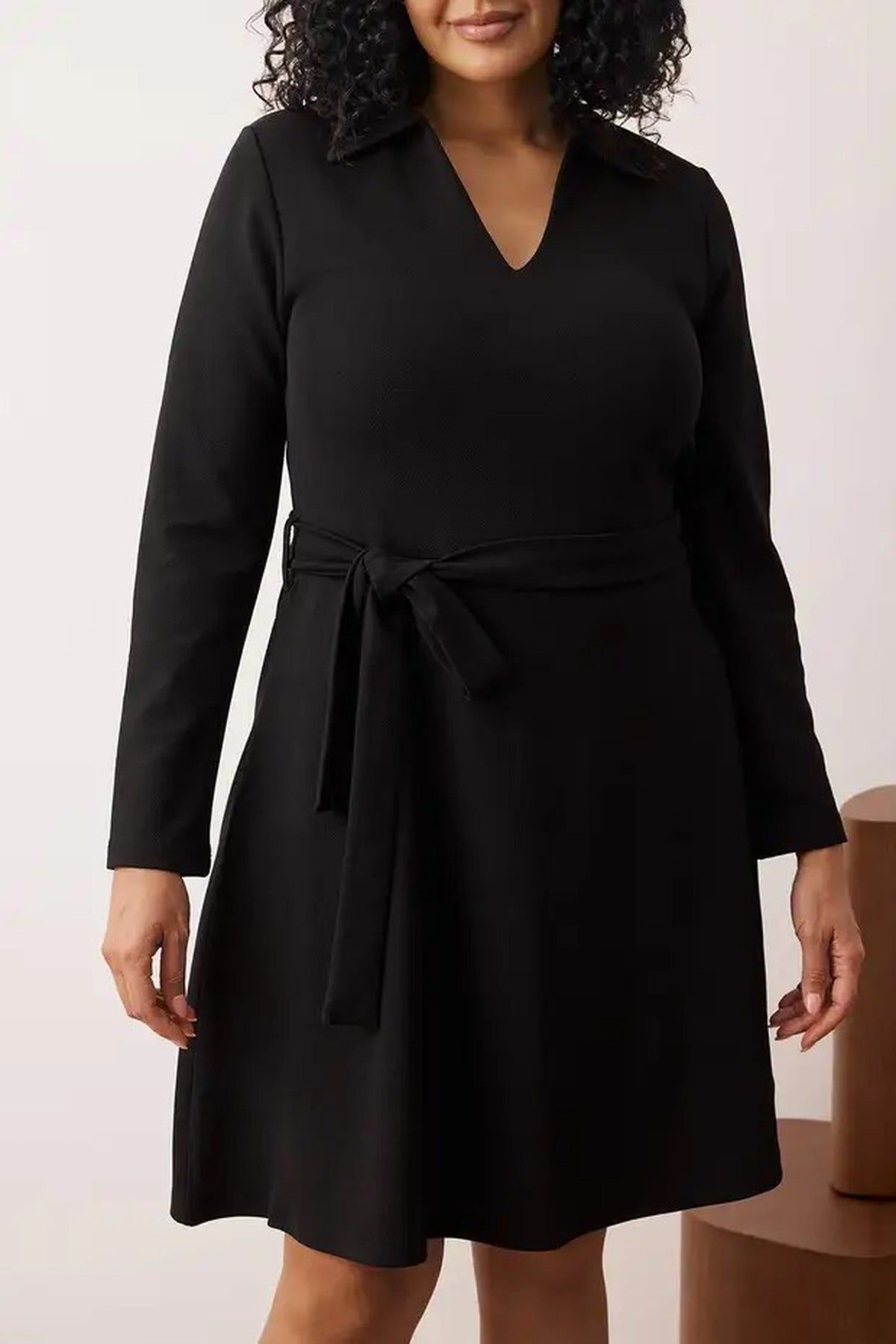 WOVCOR WOVCOR Women's V Neck Long Sleeve Belted Mini Dress in Black - 2