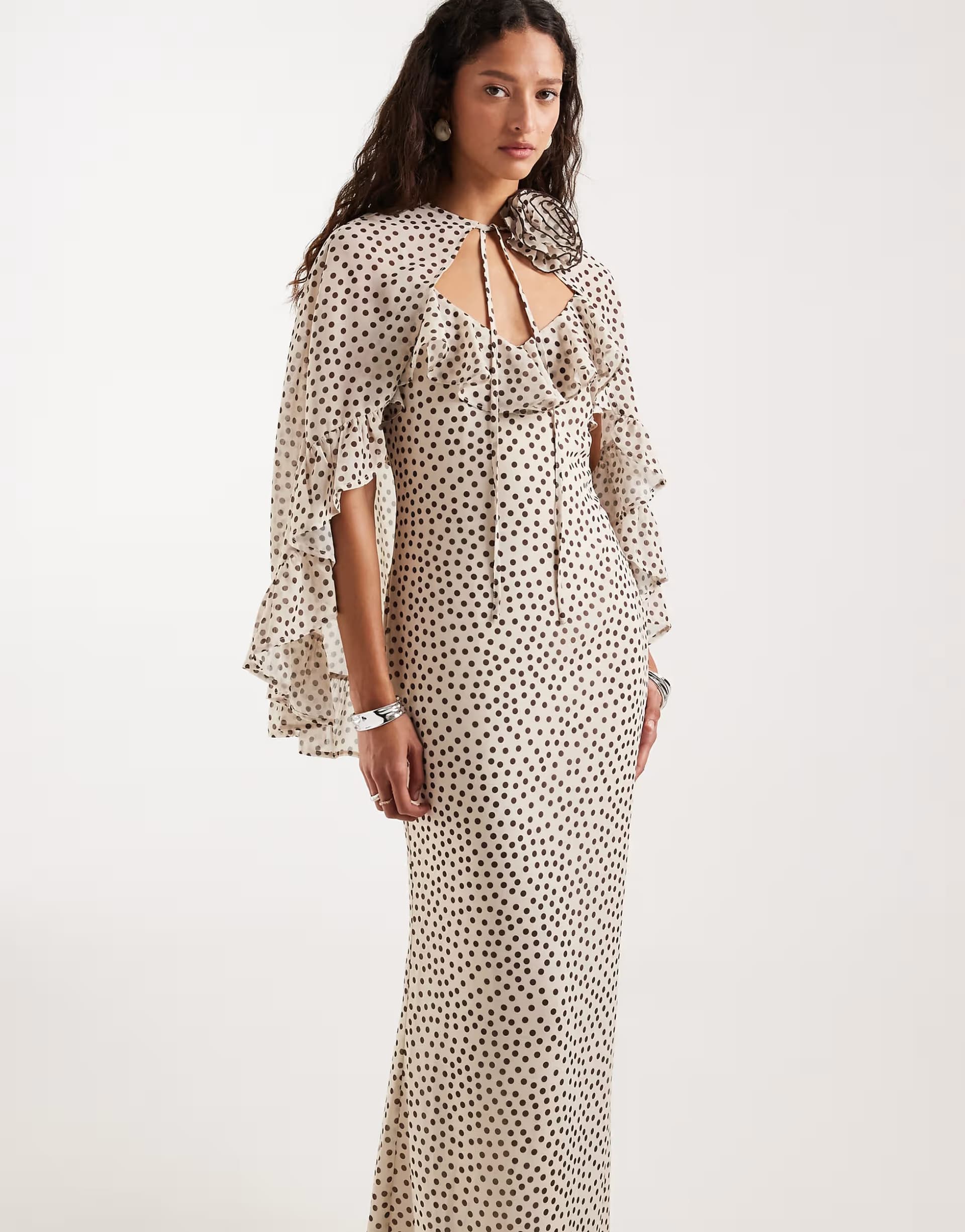 ASOS Pretty Lavish 2 in 1 corsage cape and v neck maxi cami dress in cream and brown polka dot
