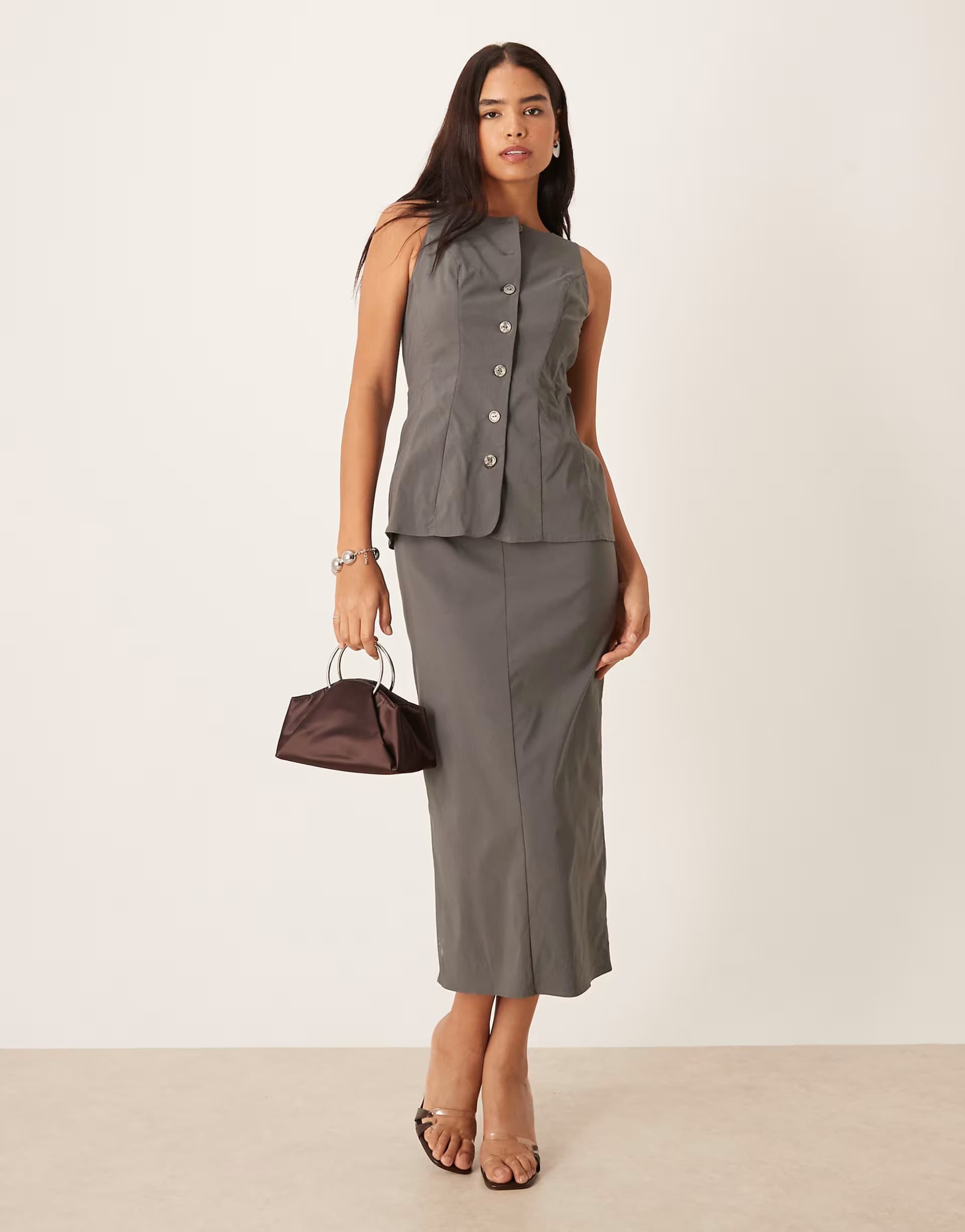 ASOS ASOS Grey Slash Neck Button Down Midi Dress