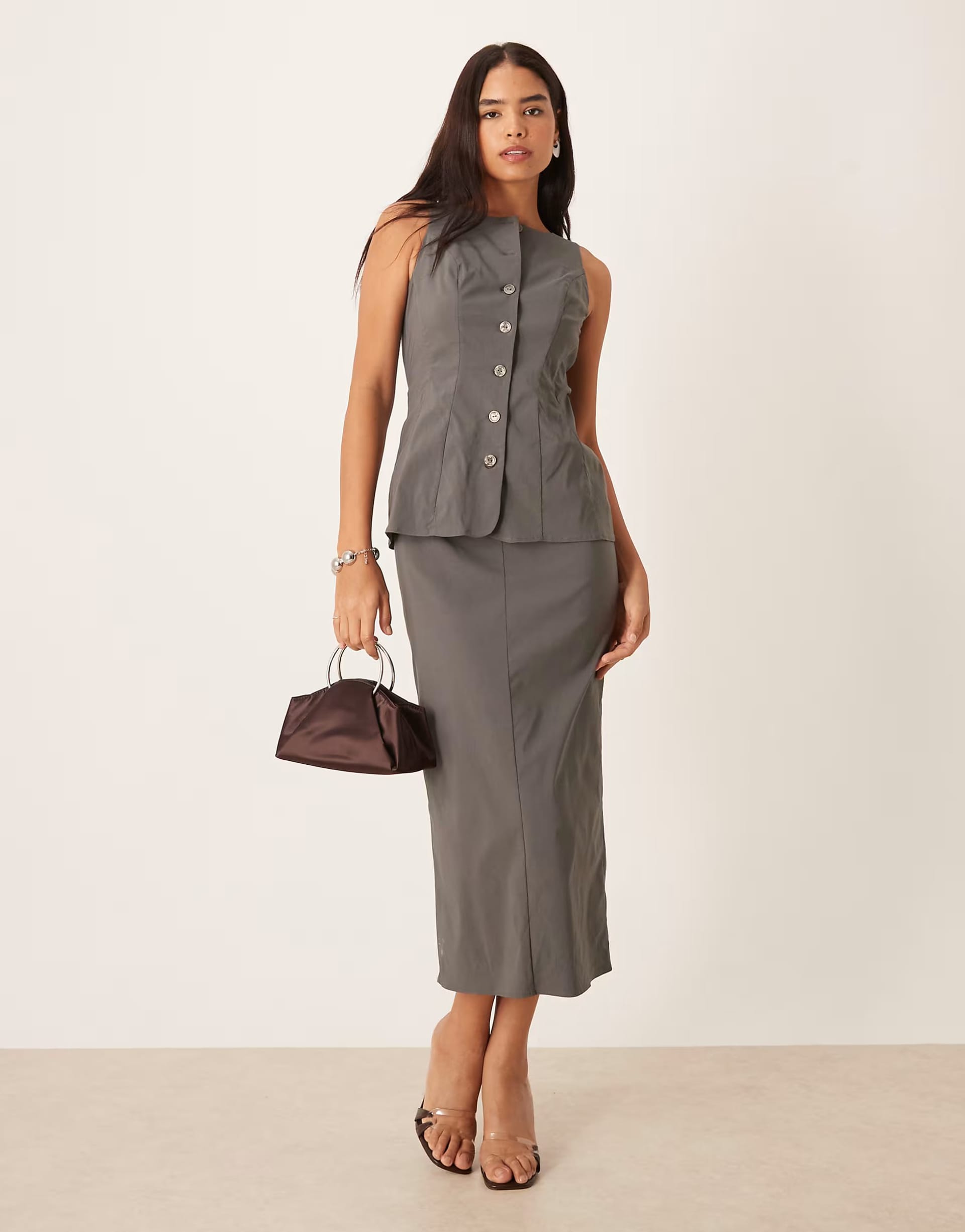 ASOS Grey Slash Neck Button Down Midi Dress