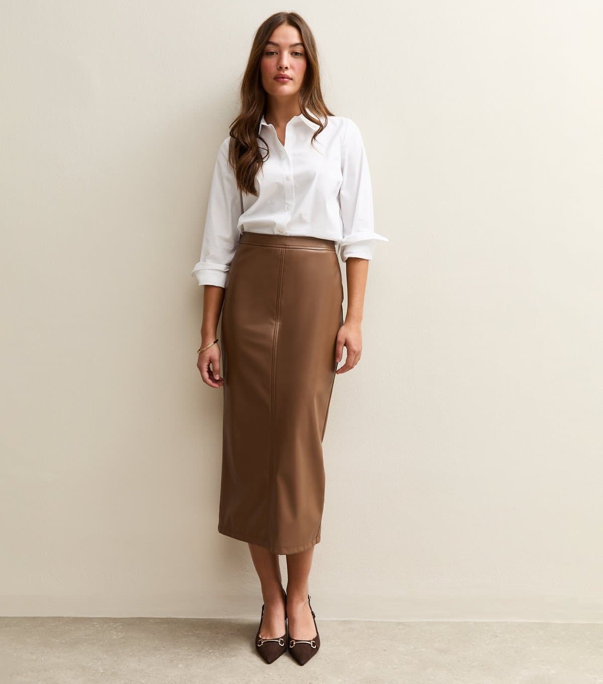 New Look New Look Tan Faux Leather Pencil Skirt