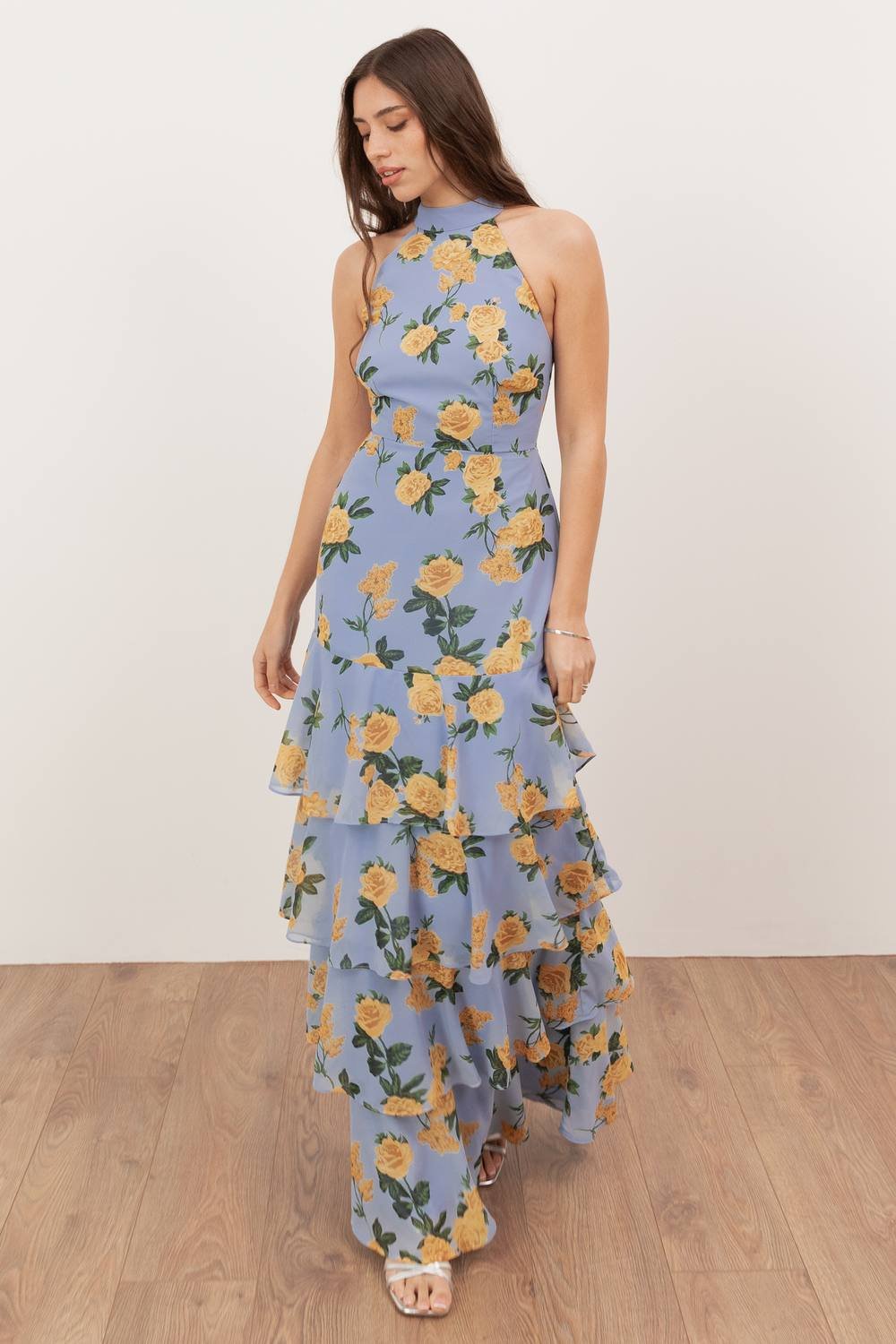 Anaya with Love Anaya with Love Women's Floral Print Halter Neck Tiered Maxi Dress in Blue - 2