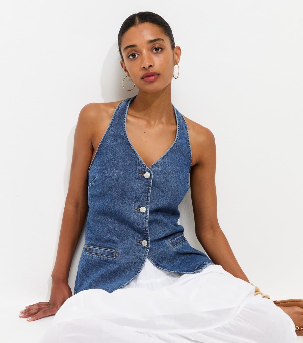 New Look Women's Blue Cotton Longline Halter Neck Waistcoat New Look
